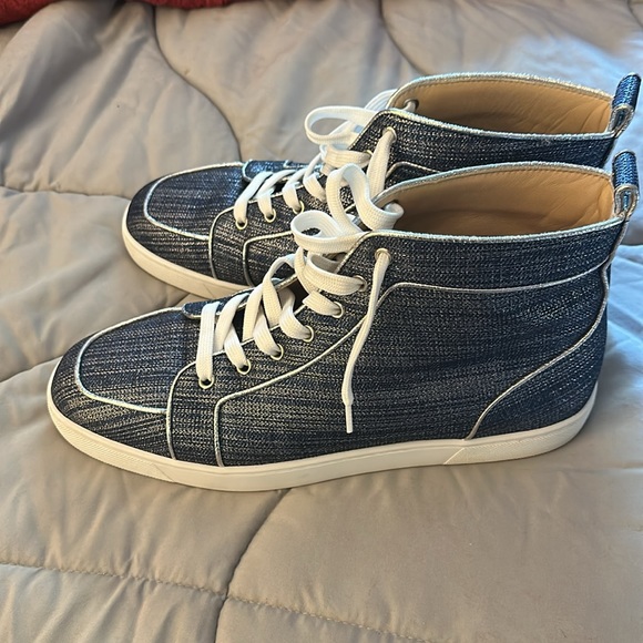 Lightly used men’s Christian Louboutins high tops size 46 navy & silver. - Picture 3 of 10